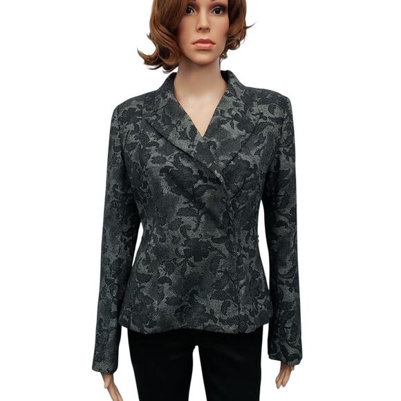H&M Floral Fitted Blazer Jacket Flare Bell Sleeve Snap Closure Lined Black 8 - Picture 6 of 13